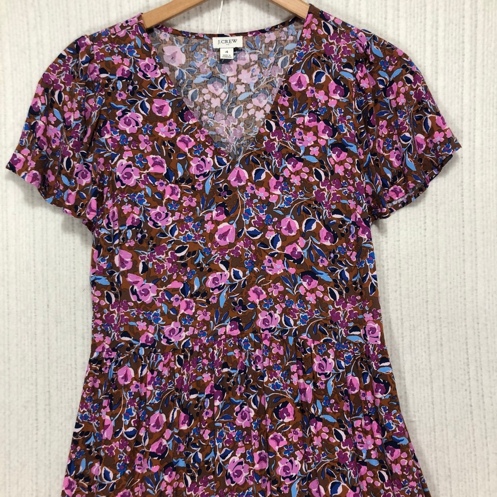 J. Crew Floral Print Tiered Midi Dress Brown Pink Blue V‎ Neck Short Sleeve